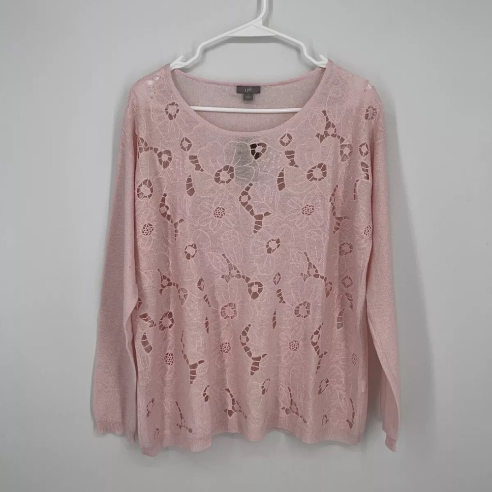 NWT J Jill Womens Sweater Size S Small Pink Linen Blend Soft Floral Cut Out